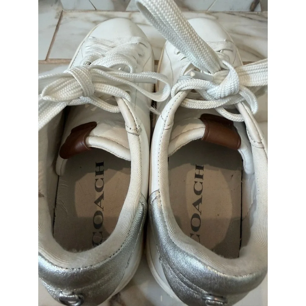 Coach C101 Sneakers Womens 10B White Silver Metallic Leather Low Top G3330